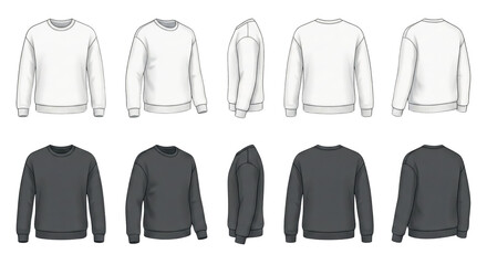 Detailed sweatshirt design illustration, multiple perspectives showcasing versatile clothing