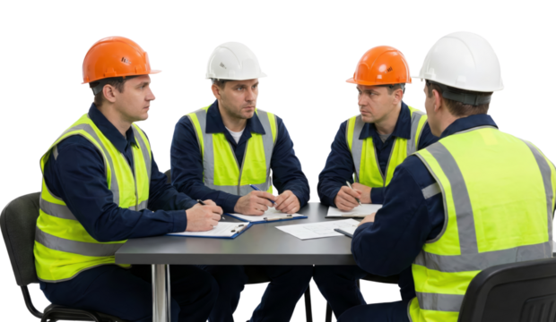 Team of construction workers collaborate at a table, reviewing plans for a project, wearing safety - Powered by Adobe