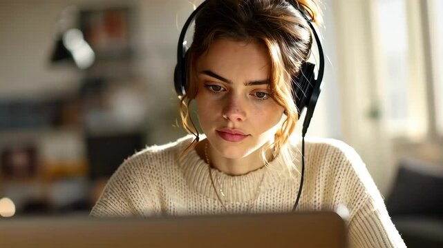 Focused Teen Learning Online: Headphones and Laptop Study Session