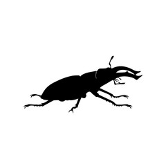 Striking black silhouette of a stag beetle, a large and distinctive insect, isolated on a clean white background.