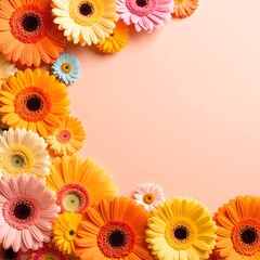 A vibrant pink background adorned with a variety of colorful flowers in shades of yellow, blue, and purple, featuring a spacious area for text or design.