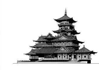 Ancient Asian architecture features detailed black and white vector graphic of traditional pagoda style structure, showcasing intricate designs and multiple tiers. artwork evokes sense of history