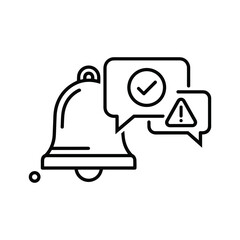 Bell notification icon with checkmark and warning sign isolated on white background