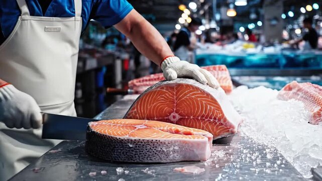 Fishmonger Expertly Slicing Fresh Salmon Fillet with Knife, Splashing Water and Ice at Market
