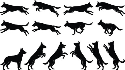 Black German Shepherd Silhouettes in Various Poses, Running, Jumping, and Standing Vector Illustration for Pet Design