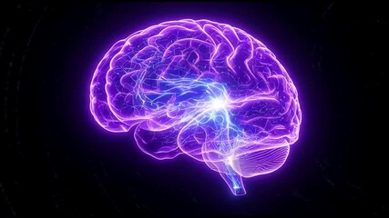 Glowing purple human brain model on black background - Powered by Adobe
