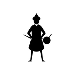 Silhouette of a drummer with a hat and drumstick on transparent background