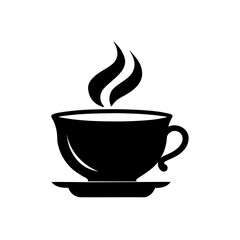 Black silhouette of a cup with steam on saucer on transparent background