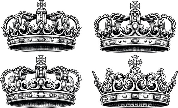 Set of four detailed vintage royal crown vector illustrations in black and white engraving style, symbolizing monarchy, authority, queen, king, power, and historical emblem design elements.