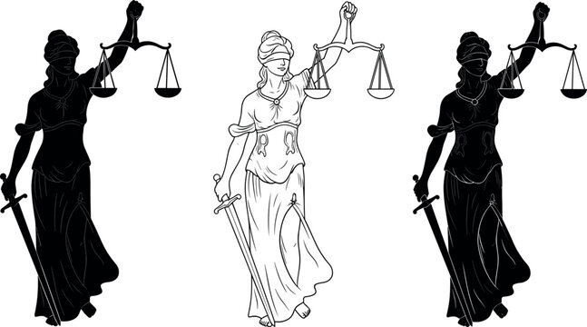 Symbolic Lady Justice Vector Graphic in Silhouette and Line Art Styles, Representing Blind Justice, Equity, Law, Order, and the Modern Legal System