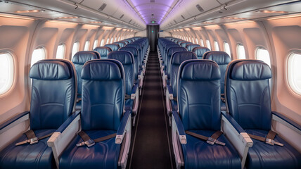 Fototapeta premium Aircraft cabin interior with rows of modern seats.