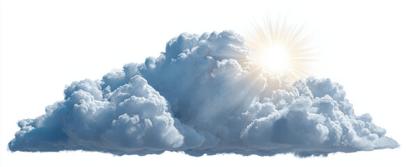 Fluffy white cloud with sun rays shining through, creating serene and uplifting atmosphere. cloud appears soft and billowy, enhancing beauty of sky