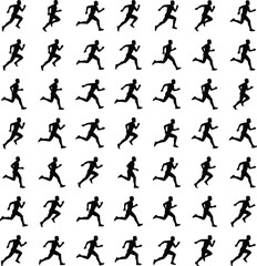 Seamless vector pattern of running man silhouettes in varied sprint poses, athletic motion icons for sports fitness design poster background