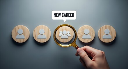 Hand holding magnifying glass over wooden disc with people icon for new career