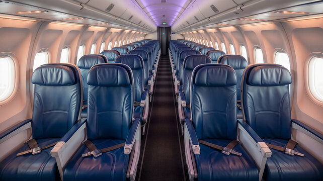 Aircraft cabin interior with rows of modern seats.