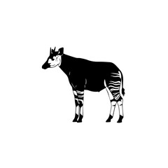 Black and white illustration of an okapi standing in profile, showcasing its unique striped legs and dark body against a plain background.
