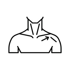 Line icon showing upper chest and neck area with an arrow pointing to the clavicle or shoulder joint area, isolated on