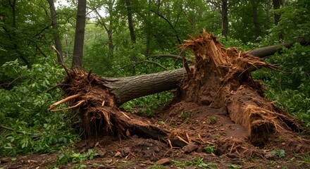 Fototapeta premium A fallen tree in a forest, its roots exposed, revealing the earth below, surrounded by verdant foliage