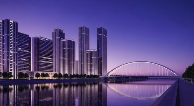 Modern urban skyline at dusk with illuminated skyscrapers and arch bridge reflection