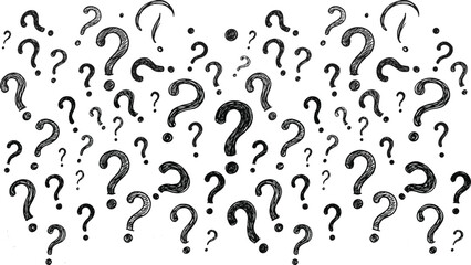 Hand-drawn sketchy question mark pattern vector background representing confusion, curiosity, inquiry, brainstorming, doubt, ideas, and conceptual communication symbols for design