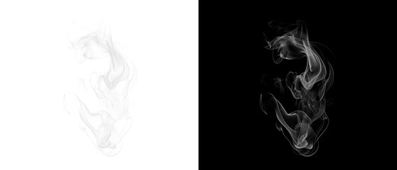 Two abstract black and white images of flowing smoke or water