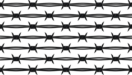 Seamless barbed wire vector pattern repeated metal fence silhouette design warning security boundary protection industrial grunge background texture black white