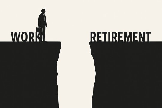 Silhouette of a businessman standing on the edge of a cliff between 'Work' and 'Retirement,' symbolizing the transition and challenges of career change. Concept of life goals and planning.