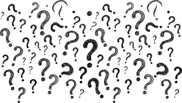 Hand-drawn sketchy question mark pattern vector background representing confusion, curiosity, inquiry, brainstorming, doubt, ideas, and conceptual communication symbols for design