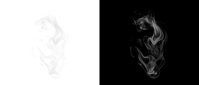 Two abstract black and white images of flowing smoke or water