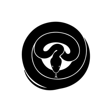 Black silhouette of a snake coiled into a perfect circular shape, with its head in the center.