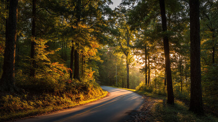 Fototapeta premium A serene winding road through a lush forest, illuminated by warm sunlight filtering through vibrant green foliage.