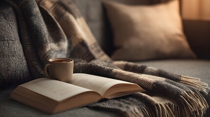 冬の室内で本と飲み物を置いた空間