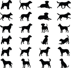 Collection of Twenty Black Dog Silhouettes in Various Breeds Poses Standing Sitting Running and Playing Minimalist Vector Icons Editable Layout