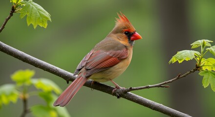 A female bird with reddish-brown plumage perches on a tree branch, observing its surroundings