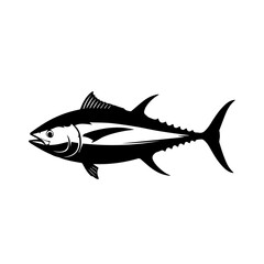 Black and white illustration of a tuna fish swimming in profile, a graphic resource for marine life.