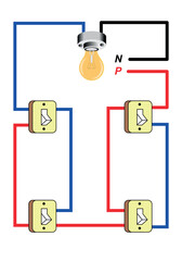 Illuminated Lamp Centered Between Red and Blue Wiring Circuits With Dual Switches