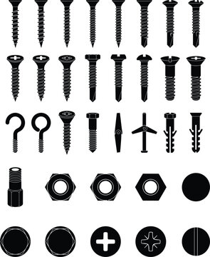 Comprehensive vector set of screws bolts nuts fasteners hooks anchors and tool heads designed for hardware construction repair and engineering illustrations
