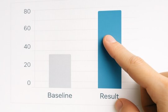 Finger pointing at a performance graph displaying baseline and result metrics, illustrating data analysis and decision-making in business strategy.