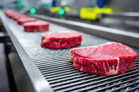 Raw Beef Steaks Moving on Conveyor Belt in Food Processing Plant