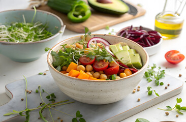 Nutritious Bowl of Culinary Delights: A vibrant and healthy bowl overflowing with fresh vegetables, and delectable ingredients, showcasing the art of wholesome eating.