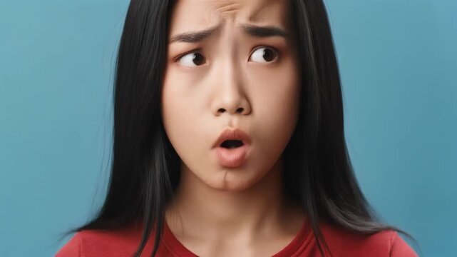 Worried Asian Woman Expressing Doubt and Uncertainty on Blue Background.