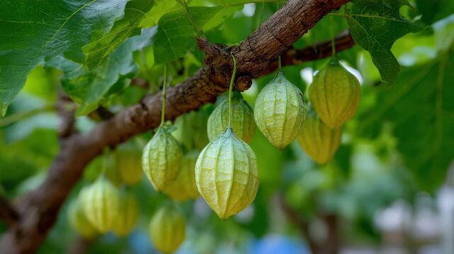 Close up of Ripe Green Ground Cherry Fruits Hanging on a Branch Outdoors with Lush Green Leaves