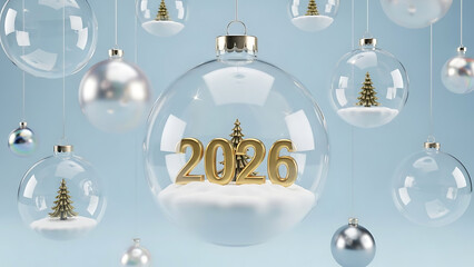 Clear christmas ornaments with 2026 inside and winter scenes