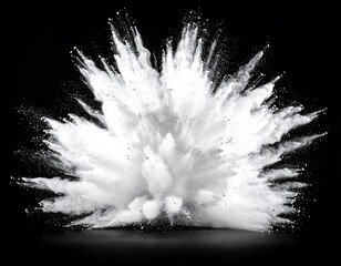White powder explosion against black. Fluffy clouds and fragments fly outwards from a central point