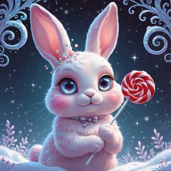 Cute creepy-cute Christmas bunny with oversized glossy eyes holding a striped candy cane, dreamy pastel holiday illustration.