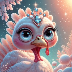 Whimsical big-eyed turkey wearing a tiny sparkling crown, dreamy pastel Christmas fantasy illustration.