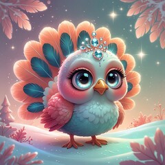 Whimsical big-eyed turkey wearing a tiny sparkling crown, dreamy pastel Christmas fantasy illustration.