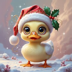 Whimsical big-eyed Christmas duck wearing a fluffy Santa hat, pastel dreamy winter illustration.