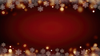Elegant Christmas background with soft red gradient, glowing bokeh lights, and white snowflakes border, creating festive and warm atmosphere