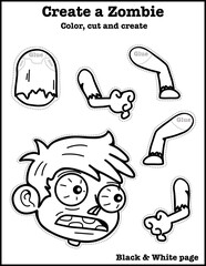 Create a zombie boy, cut and paste, craft and coloring activity for kids, preschool, kindergarten and homeschool , fit for 8.5”x11” size